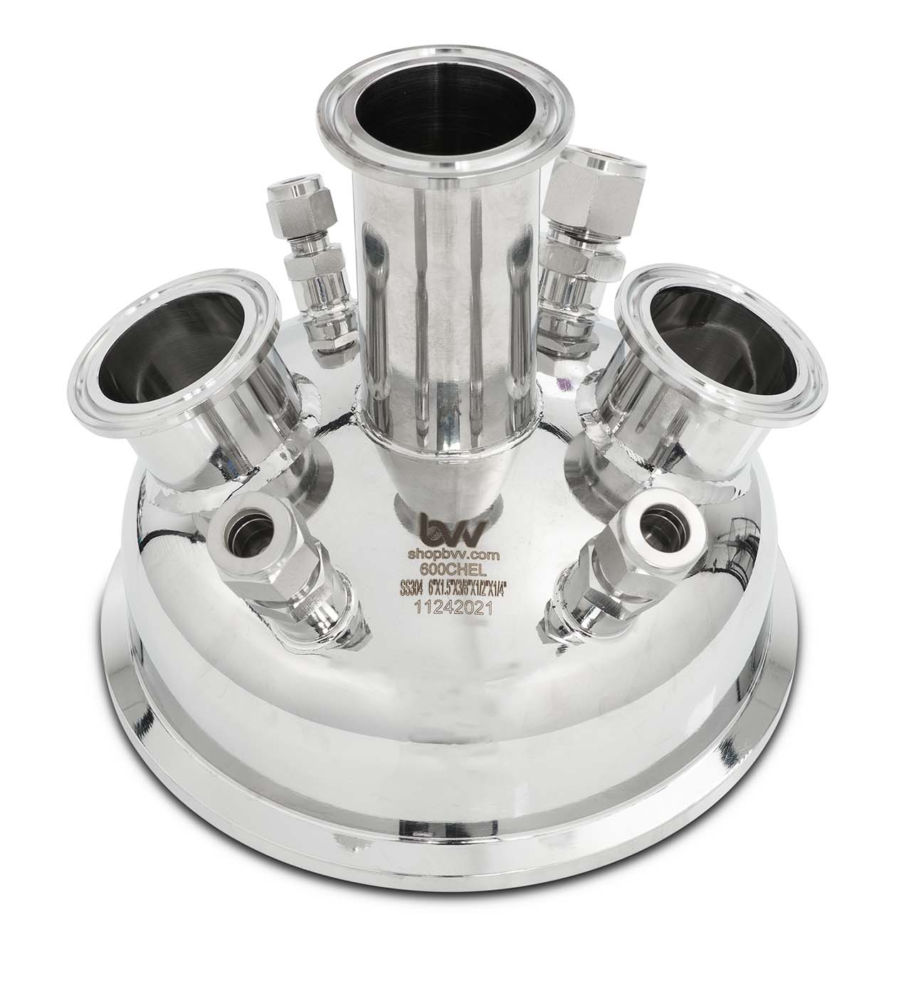 BVV Compression 6" Tri-Clamp x (3) 1.5" TriClamp x (2) 3/8" Compression x 1/4" Compression x 1/2" Compression Hemispherical Lid Questions & Answers